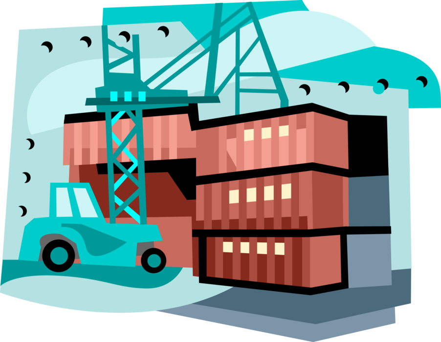 Vector Illustration of Industrial Forklift Loading Cargo Shipping Containers