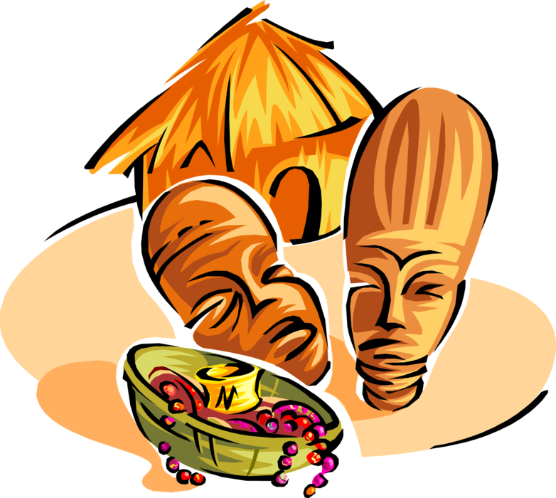 Vector Illustration of African Indigenous Warrior Tribal Masks with Straw Hut and Beads