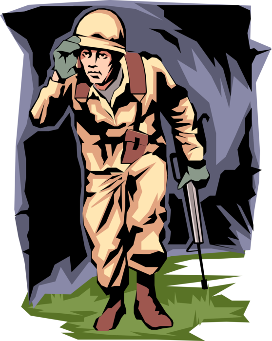 Vector Illustration of Armed Forces Military Combat Soldier Ducks for Cover
