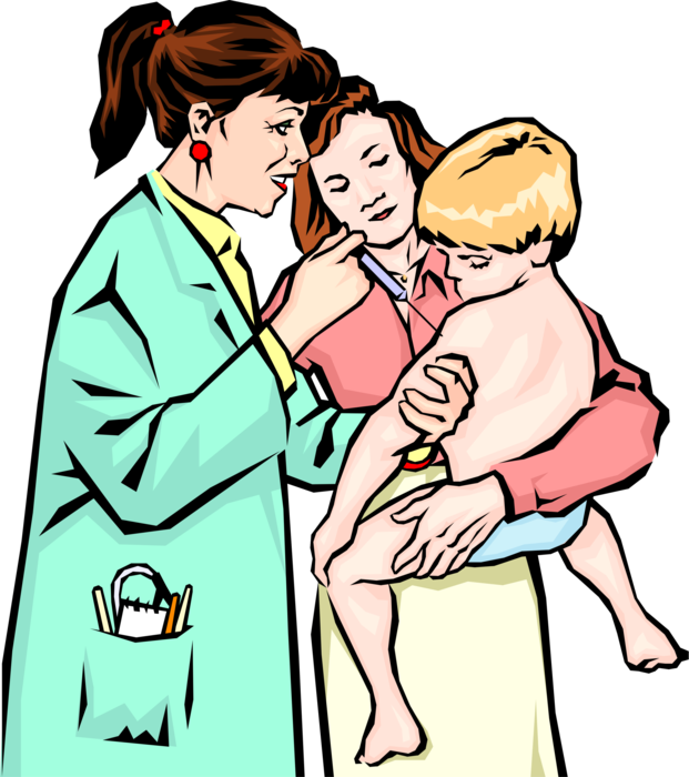 Vector Illustration of Physician Giving Vaccination Inoculation Hypodermic Needle to Child