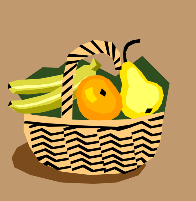 Vector Illustration of Fruit Basket with Bananas, Orange and Pear