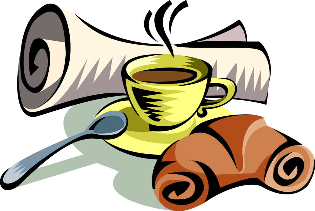 Vector Illustration of Morning Cup of Coffee with Viennoiserie-Pastry Croissant and Newspaper