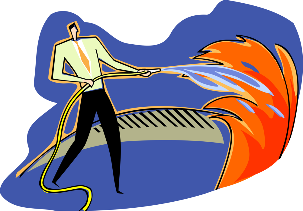 Vector Illustration of Businessman Putting Out Fire with Hose and Water