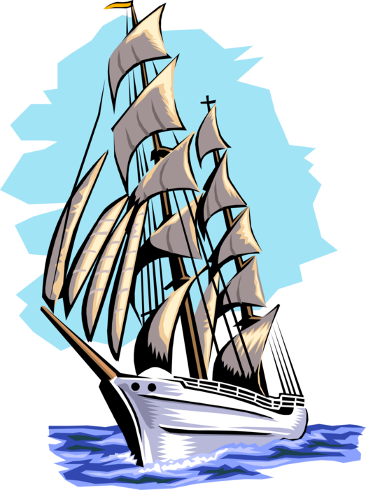 Vector Illustration of Tall Ship Traditionally-Rigged Sailing Vessel with Sails