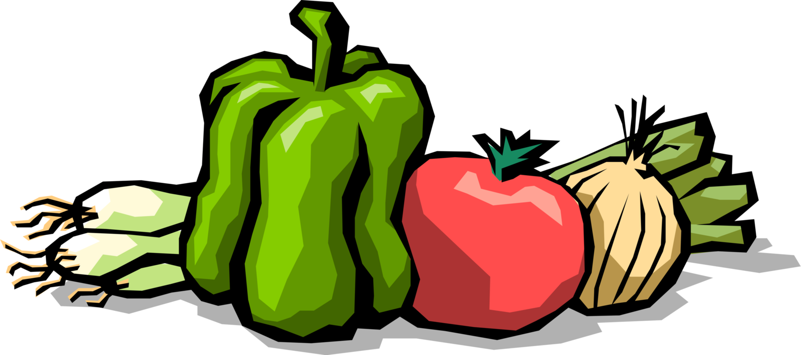 Vector Illustration of Garden Fresh Vegetables Green Pepper, Tomato, Garlic and Onions