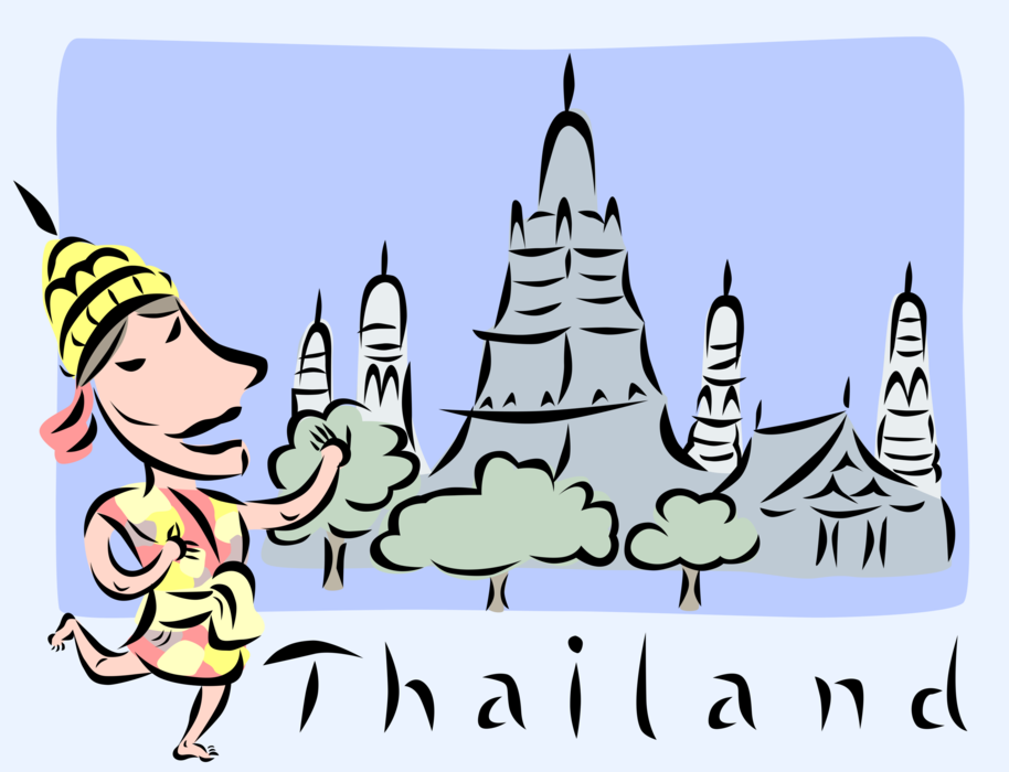Vector Illustration of Wat Arun Buddhist Temple in Bangkok with Traditional Dress, Thailand