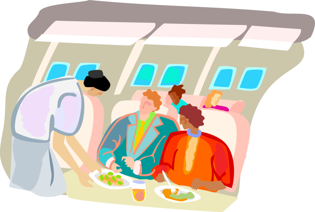 Vector Illustration of Airline Hostess Stewardess Serves First Class Airplane Air Travelers Dinner