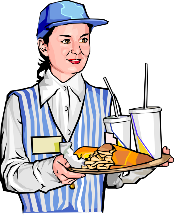 Vector Illustration of Fast Food Hostess Waitress Delivers Tray of Hamburgers and Sodas