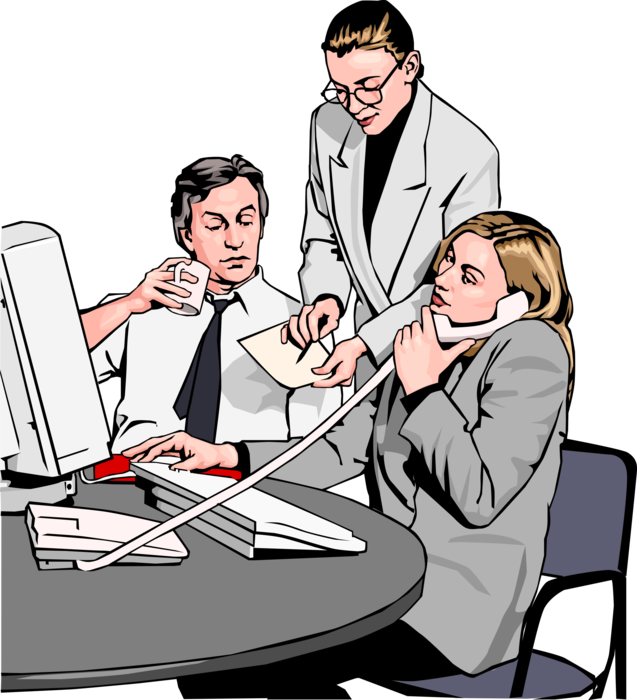 Vector Illustration of Business Teamwork at Desk and Computer with Phone