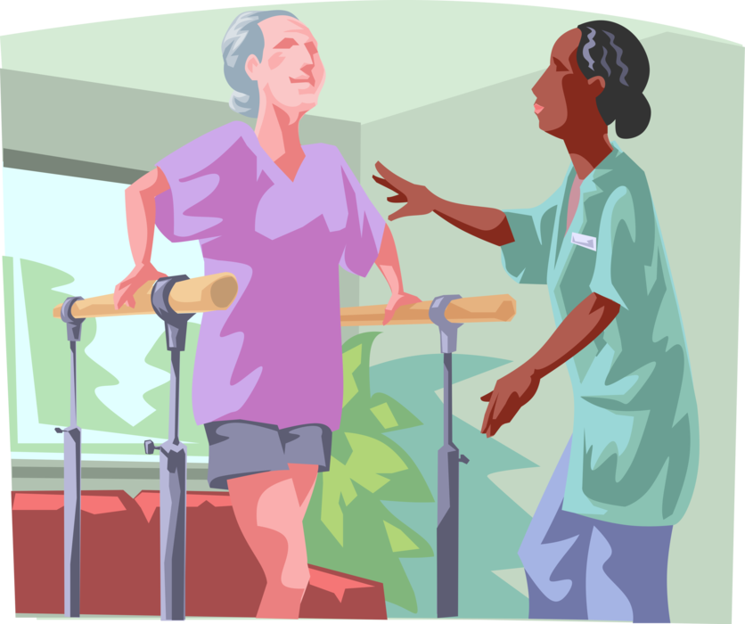 Vector Illustration of Female Learns to Walk Again at Physiotherapy with PT Therapist