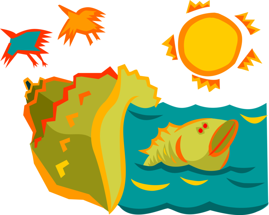 Vector Illustration of Aquatic Scene with Fish Birds and Sun
