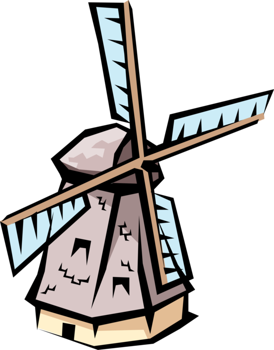 Vector Illustration of Dutch Windmill in The Netherlands, Holland used to Mill Grain, Pump Water