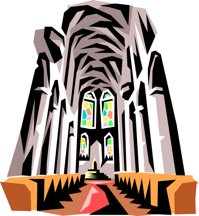 Vector Illustration of Vaulted Ceiling Christian Church with Stained Glass Windows