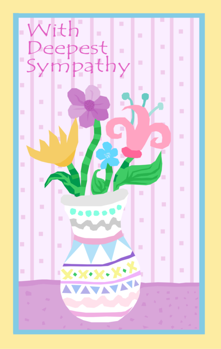 Vector Illustration of Funeral Card with Our Deepest Sympathy Flowers in Vase