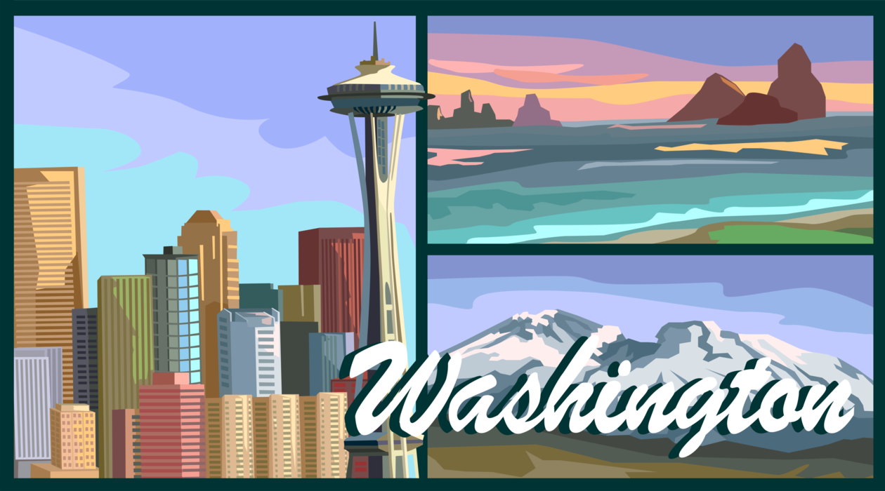 Vector Illustration of Washington State Postcard Design with Seattle Space Needle