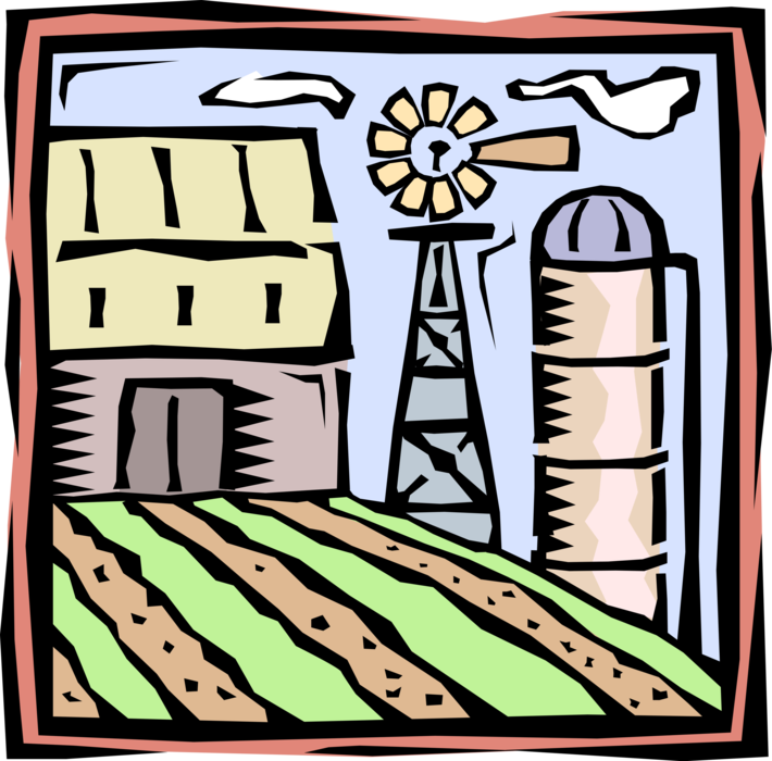 Vector Illustration of Farm Scene with Barn and Farm Windmill or Wind Engine and Grain Storage Silo