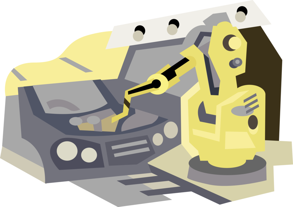 Vector Illustration of Automated Automobile Manufacturing Robotic Assembly Line in Factory Plant