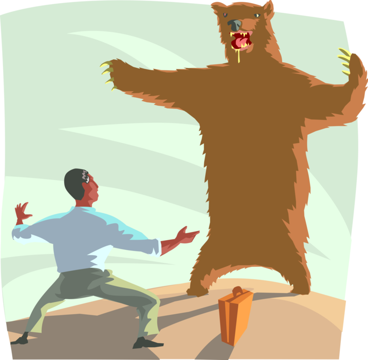 Vector Illustration of Businessman Encountering Fierce Growling Grizzly Bear
