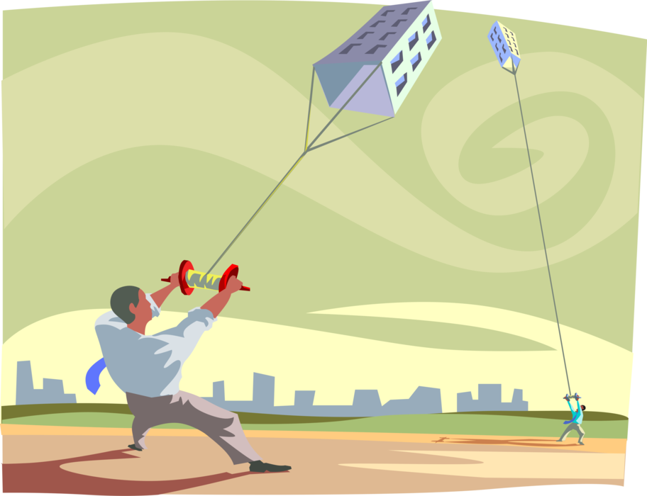 Vector Illustration of Businessmen Struggling with Office Building Kites