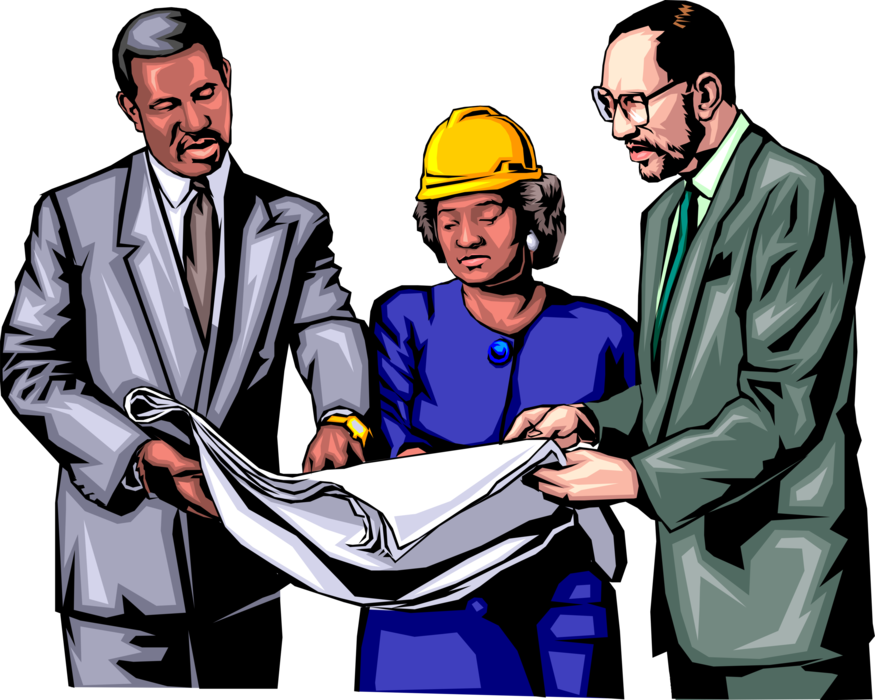 Vector Illustration of Three People Discussing Engineering Blueprint Plans