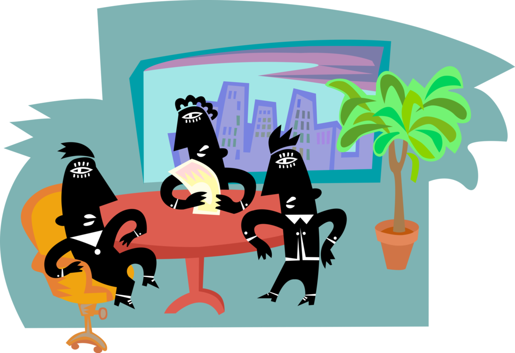 Vector Illustration of Office Workers Discussing Business at Boardroom Table