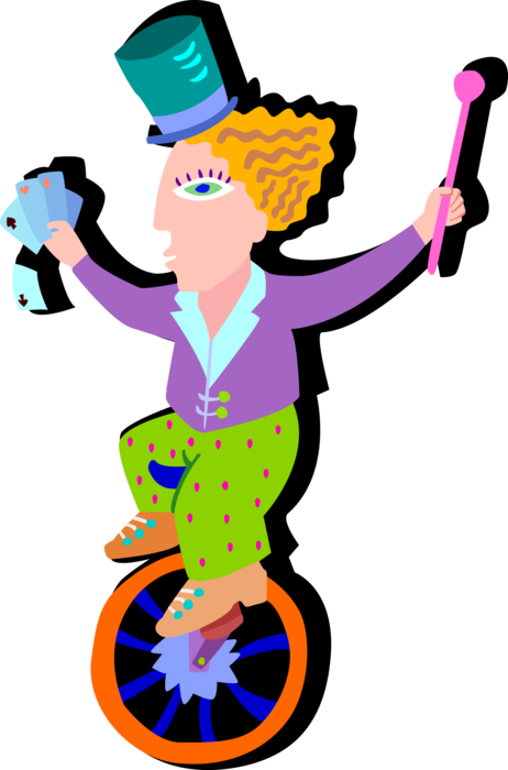 Vector Illustration of Magician Performs Magic Tricks on Unicycle