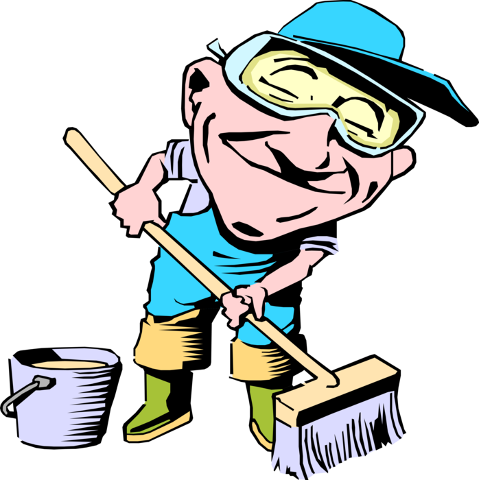 Vector Illustration of Street Maintenance Worker Sweeps with Broom