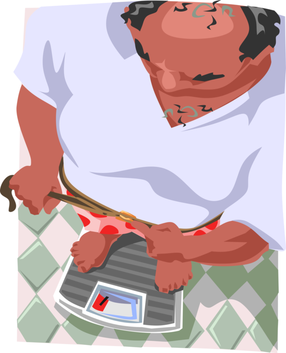 Vector Illustration of Dieting Man Tightens His Belt While Standing on Scale