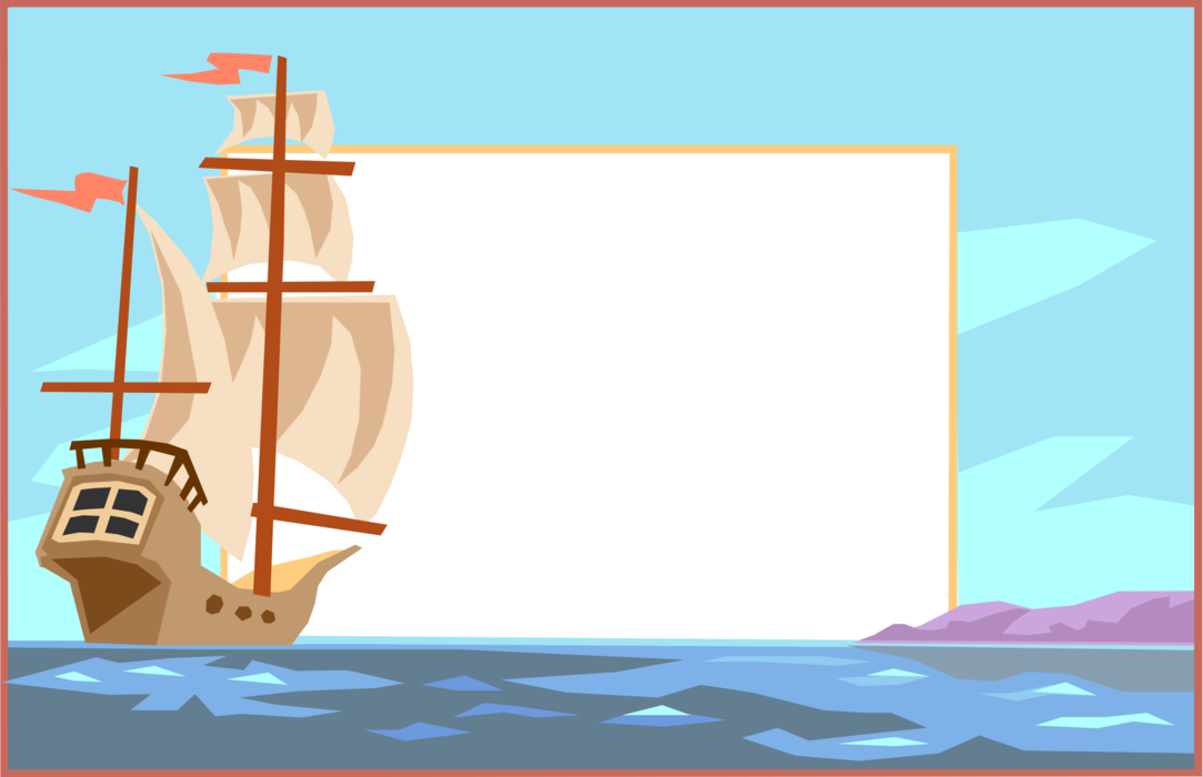 Vector Illustration of Double-Masted Sailing Ship on the Ocean Border Frame