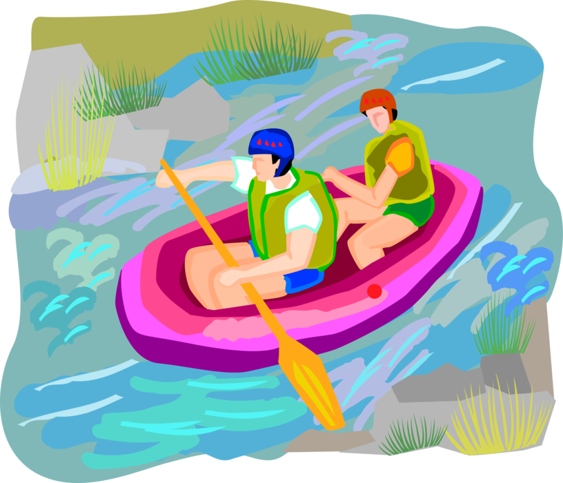 Vector Illustration of Water Rafting in Inflatable Raft with Paddles in Water