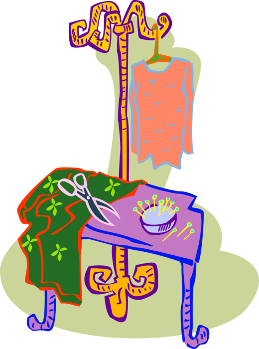 Vector Illustration of Sewing Room with Scissors, Fabric and Clothes Hanger