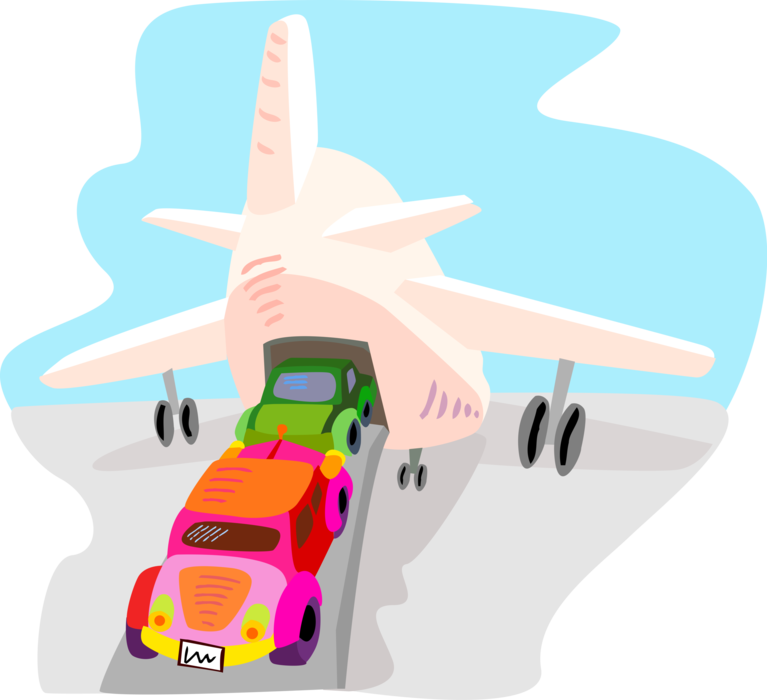 Vector Illustration of Air Cargo Loaded onto Jet Airplane for Transport and Distribution of Automobiles