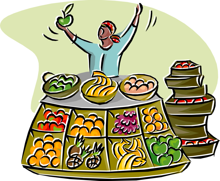 Vector Illustration of Outdoor Market Vendor Selling Fruits and Vegetables from Stand