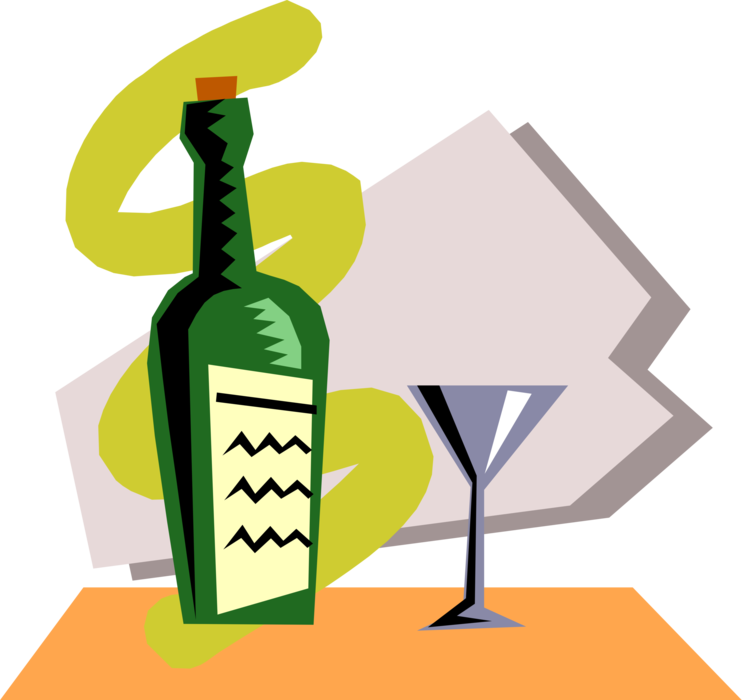 Vector Illustration of Wine Bottle Alcohol Beverage with Glass