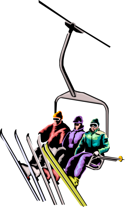 Vector Illustration of Alpine Downhill Skiers Ride Chair Lift to Mountain Top