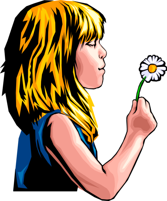 Vector Illustration of Little Blonde Haired Girl with Daisy Flower