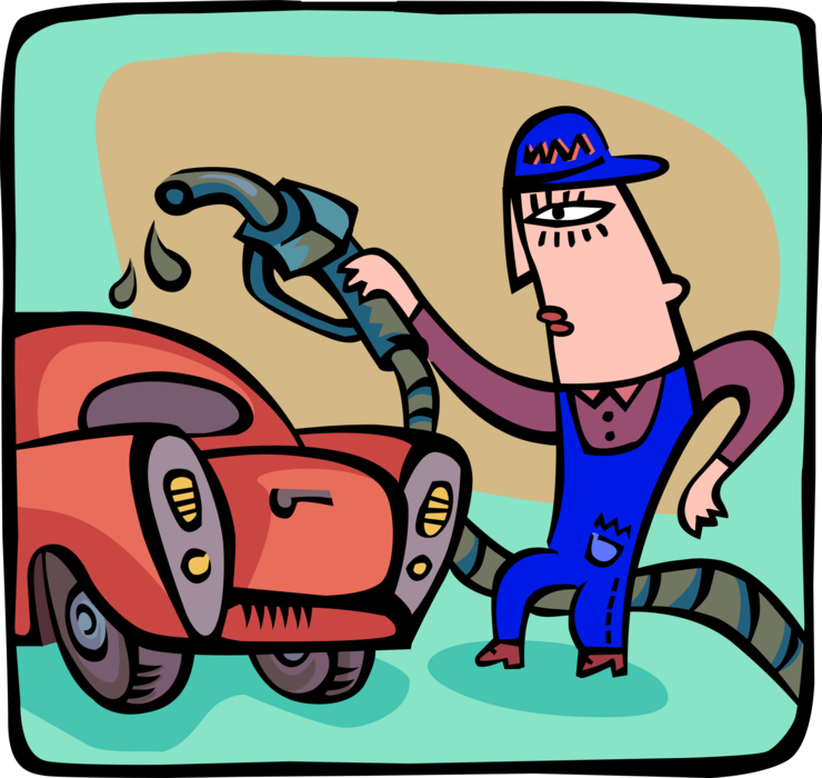 Vector Illustration of Gas Station Service Attendant with Petroleum Pump Refills Automobile Car