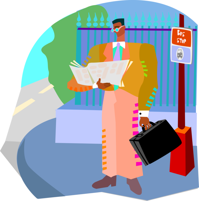 Vector Illustration of Businessman Reading Newspaper at Bus Stop Waiting for Transportation