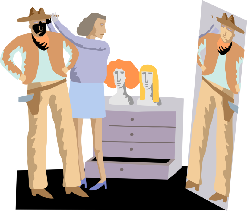 Vector Illustration of Wardrobe Assistant Adjusts Actor Hat and Hair in Mirror