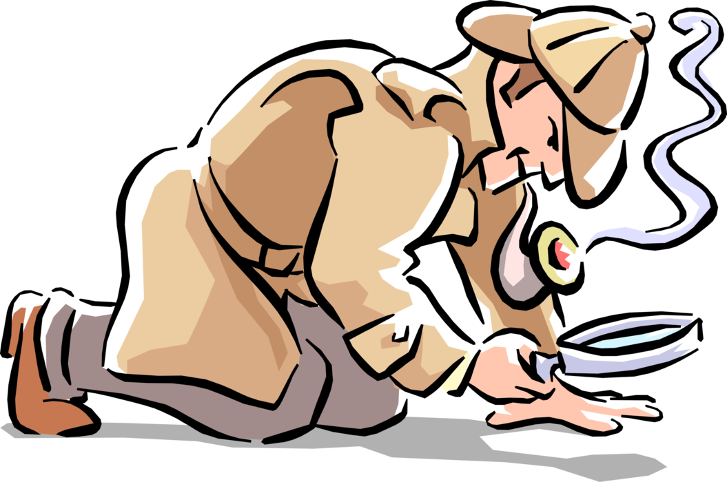 Vector Illustration of Sherlock Holmes Detective Follows Tracks with Magnifying Glass