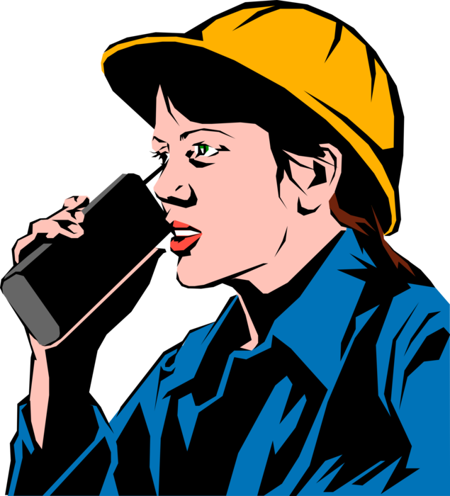 Vector Illustration of Construction Worker with Hard Hat Talking on Walkie-Talkie