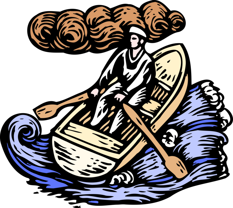 Vector Illustration of Sailor Rowing with Oars in Rowboat in Turbulent Ocean Waves