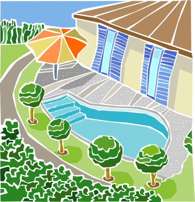 Vector Illustration of Backyard Swimming Pool with Landscaping