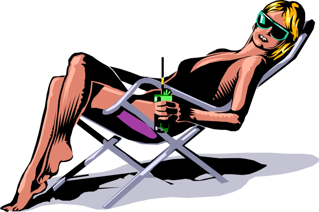 Vector Illustration of Sunbathing Sun Worshipper with Drink Relaxing in Lounge Chair on Beach