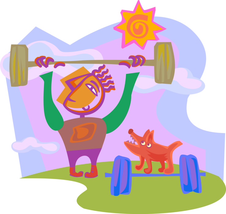 Vector Illustration of Weightlifter Lifts Barbell Weights as Pet Dog Watches
