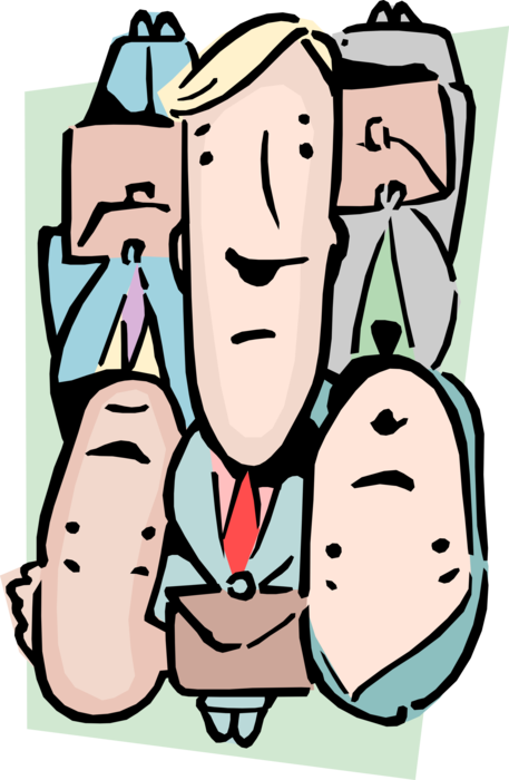 Vector Illustration of Packed in Like Sardines Idiom Businessman Jammed Together