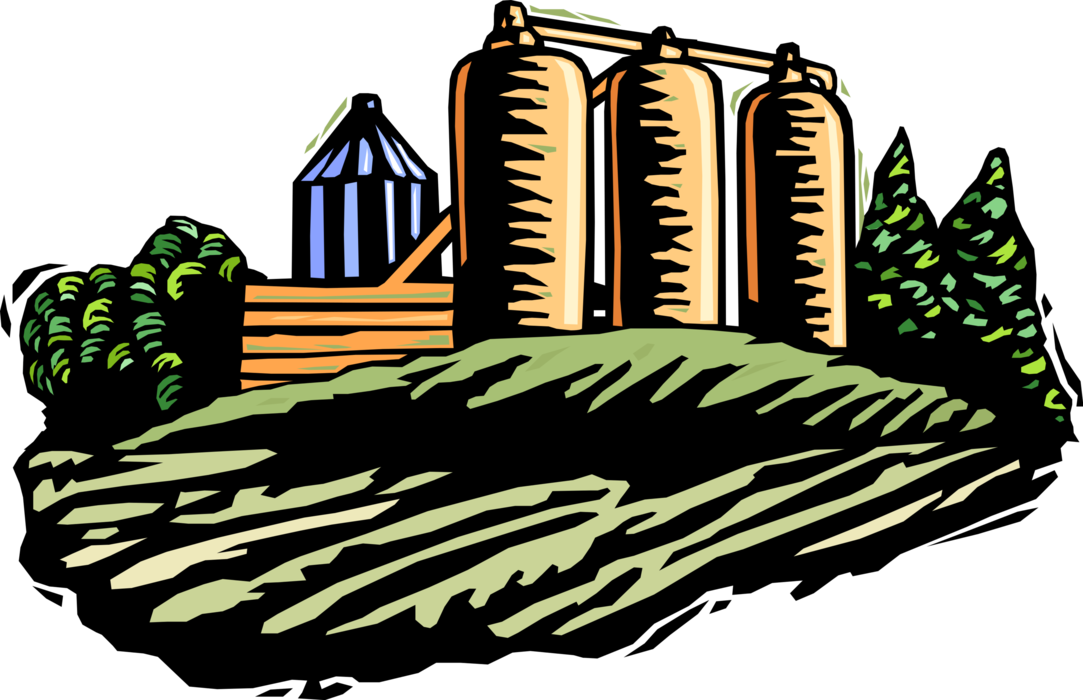 Vector Illustration of Farm Storage Silos with Farmland Fields