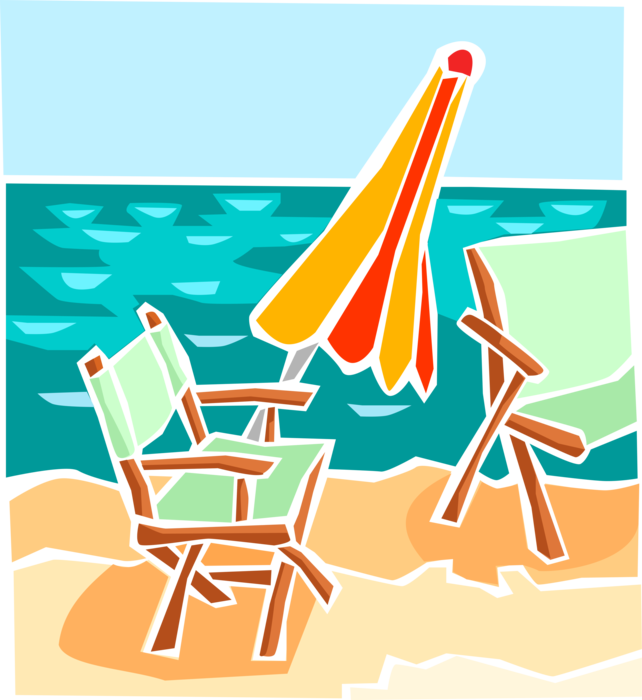 Vector Illustration of Lounge Chairs on Beach with Umbrella and Ocean Shore
