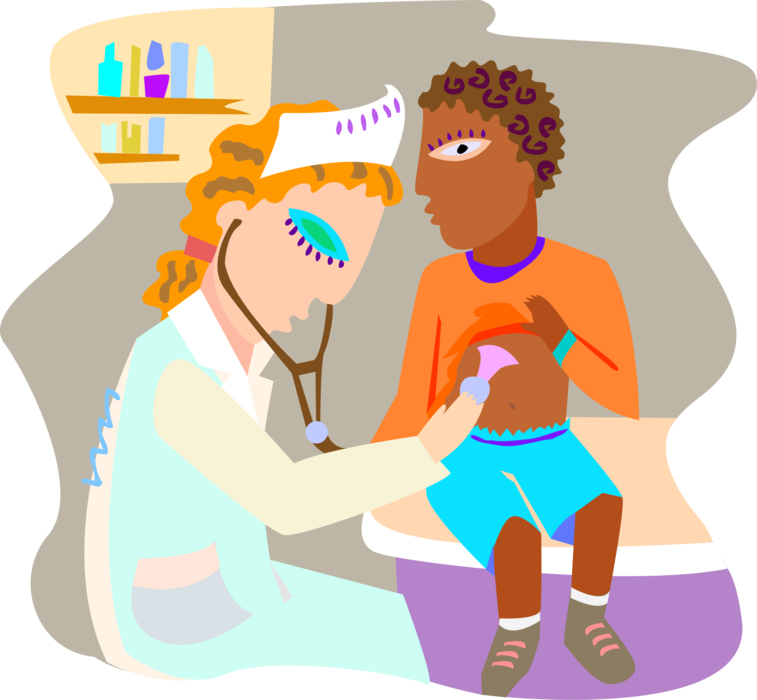 Vector Illustration of Health Care Nurse Examining Child with Stethoscope