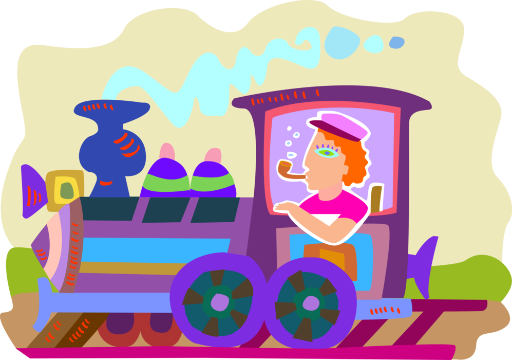 Vector Illustration of Engineer Drives Railroad Rail Transport Speeding Locomotive Railway Train